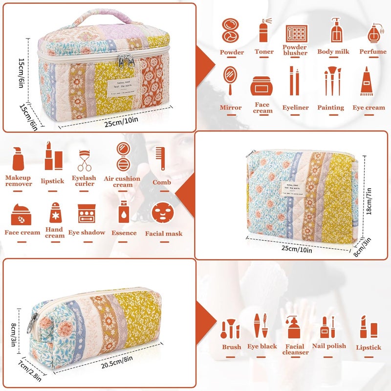 Gosect Quilted Makeup Bag Set, Large Floral Cosmetic Bag for Women, Cute Cotton Makeup Bag, Flower Travel Toiletry Organizer Bag(Color-Coded Floral) - Image 2
